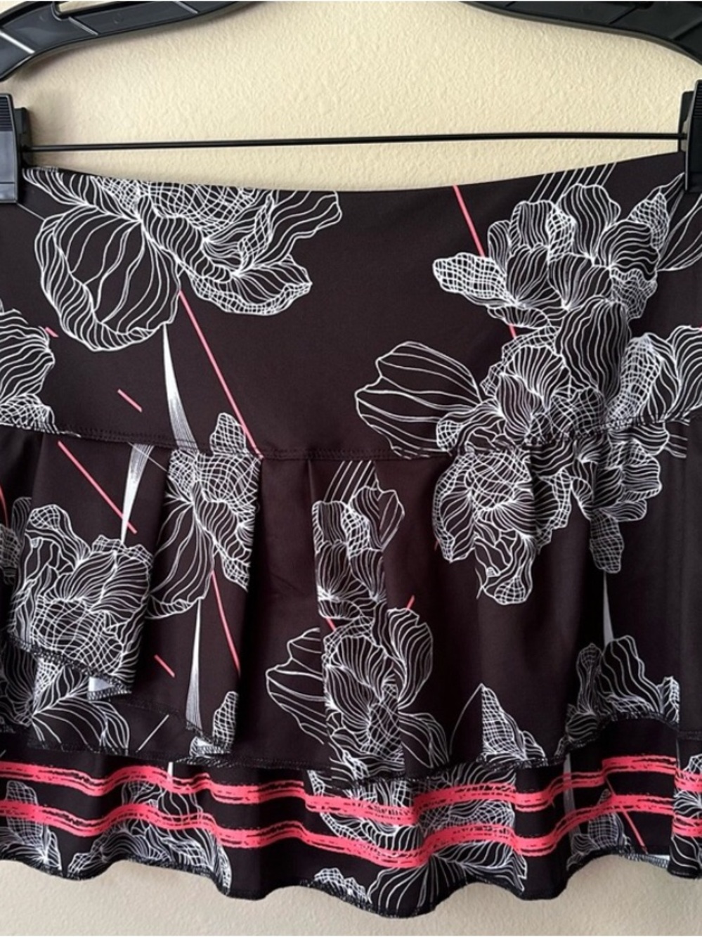 Lucky in Love Black Mini Skirt with White Floral & Pink Accents